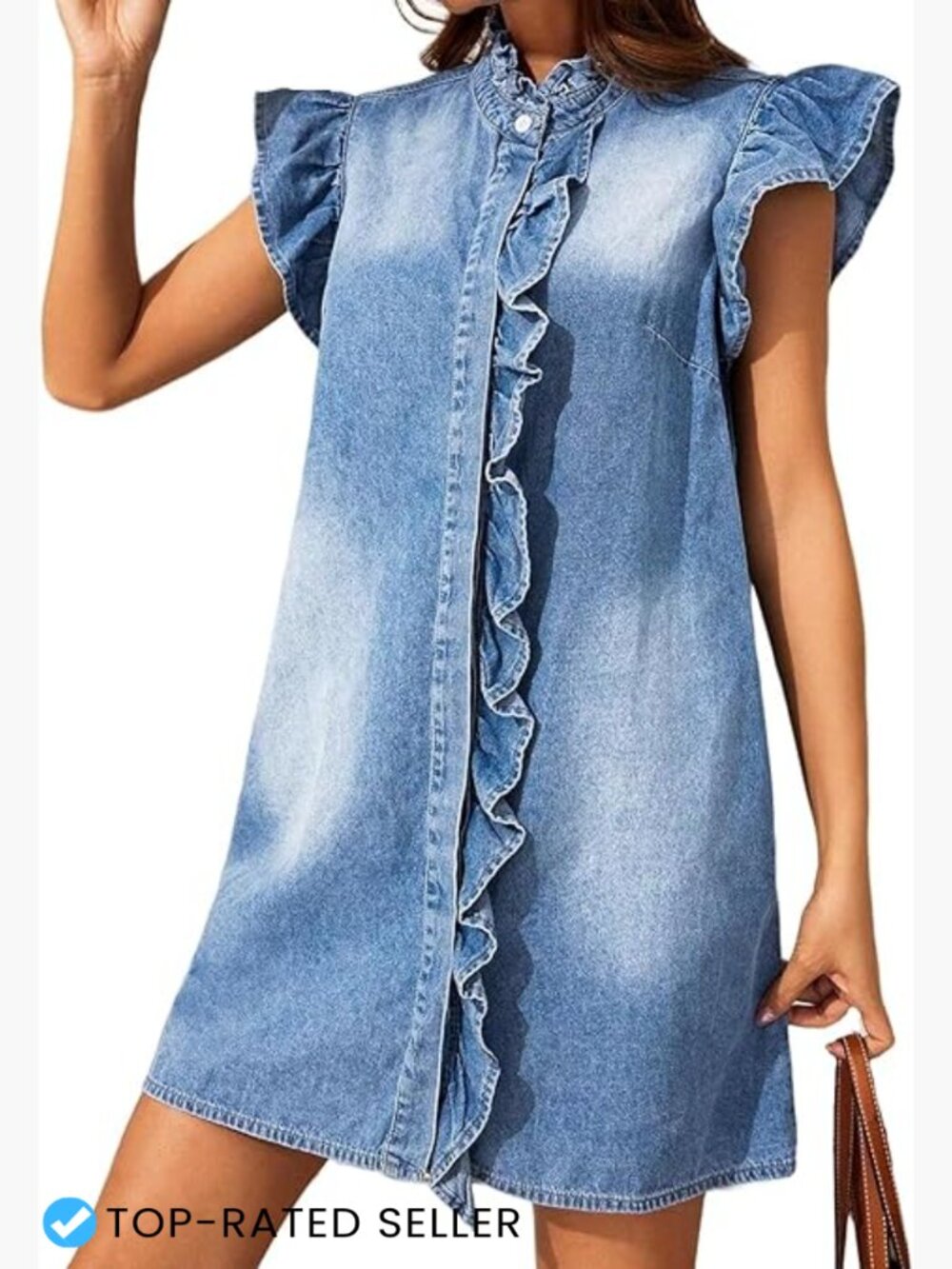 Denim Button Down Mini Dress Ruffle Sleeve Loose Fit Casual Summer - Picture 1 of 7